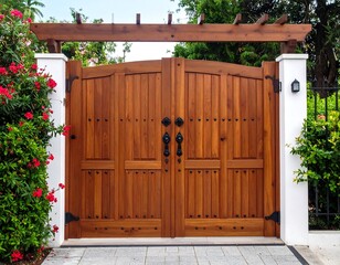 Elegant wooden gate with a decorative arbor