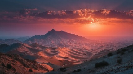Naklejka premium Dramatic desert landscape at sunset, with colorful clouds and sunbeams illuminating the rugged mountains and rolling sand dunes