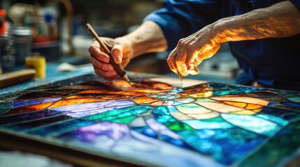 Obraz premium Skilled artisan carefully crafting a vibrant stained glass piece.