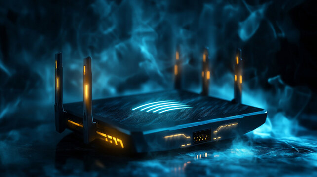A wifi router emitting pulsating digital waves, cyberpunk aesthetic, dark ambient lighting