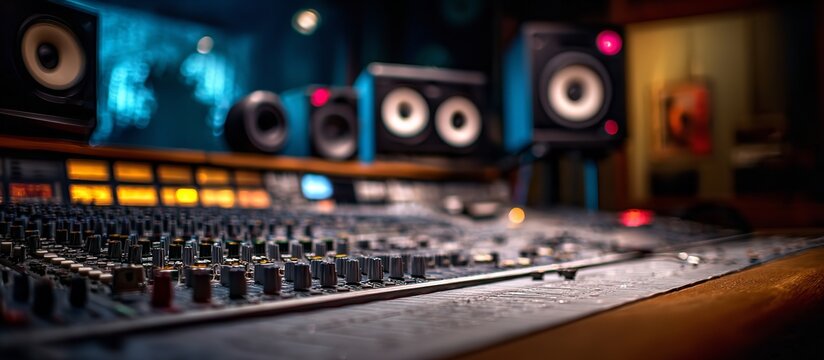 Music mixing console in recording studio with blurred sound equipment, professional audio engineering and music industry concept