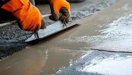 Close-up of flooring application of self leveling screed with steel trowel tool, using orange protective gloves