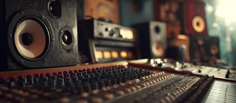 Music mixing console in recording studio with blurred sound equipment, professional audio engineering and music industry concept