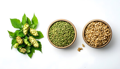 Raw Barley and Hops: Essential Ingredients for Craft Beer Brewing white background