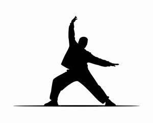 Fototapeta premium Silhouette of a person in a martial arts stance with arms raised and one leg extended for balance