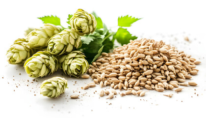 Raw Barley and Hops: Essential Ingredients for Craft Beer Brewing white background