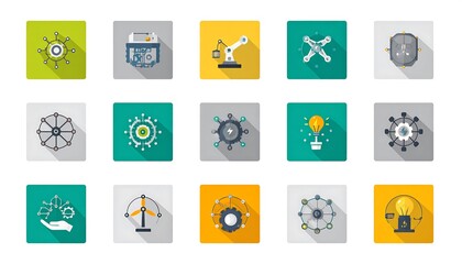 Diverse Flat Icons Representing Technology, Innovation, and Industry Concepts.