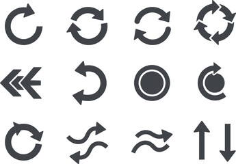 Set of black flat vector arrow icons for refresh, loop, repeat, and synchronization concepts