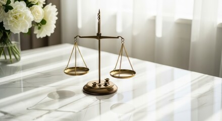 Brass Justice Scale on a Marble Table with Flowers