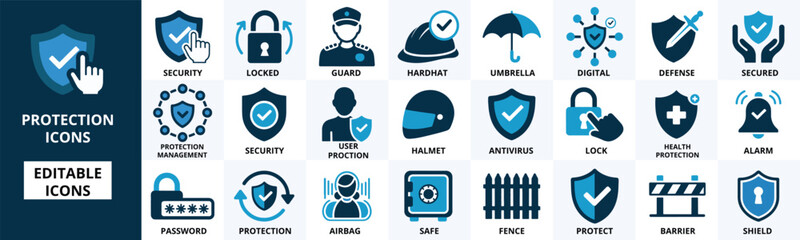 Fototapeta premium Protection icon set vector with shield lock security alarm umbrella guard and fence symbols.