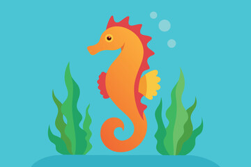 A cute orange seahorse swims among seaweed in the ocean, surrounded by bubbles, a vibrant and colorful vector illustration