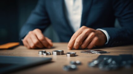 Businessman examining metal bearings in office setting