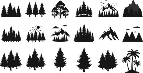 Nature forest tree mountain vector silhouette set, black and white landscape icons, pine and palm tree illustration, outdoor scenery graphic design collection