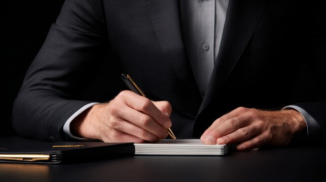 Caucasian male adult in suit writing notes with pen on notepad in dark setting