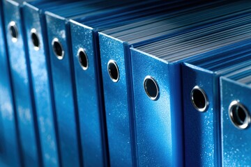 Detailed View of Blue Office Binders in a Neat Row on a Steel Shelf