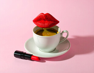 A cup of coffee and red lipstick, a creative composition on a pastel pink background, morning routine concept.