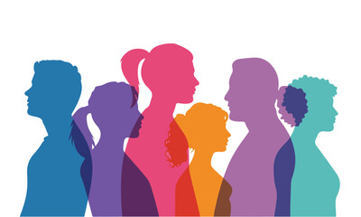 Group of young people profile silhouette faces of girls and boys vector illustration.