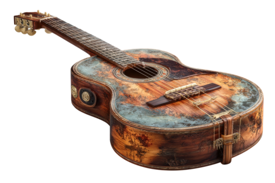 Detailed acoustic guitar with ornate wood grain and rustic finish on transparent background - Powered by Adobe