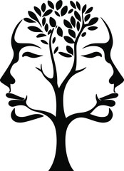 Minimal black and white line art of two faces forming a tree using negative space, abstract vector 3.