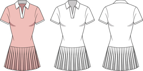 Pleated tennis dress, polo collar activewear, women's sportswear fashion CAD, flat sketch vector, technical drawing apparel template, short sleeve design © Best_Design