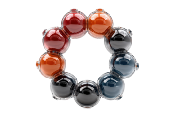 Glass spheres connected in a circle with colorful liquid inside on transparent background