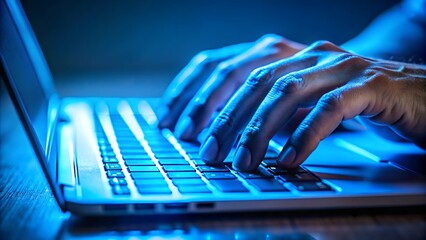 Closeup of hands typing on a laptop keyboard with blue light, representing technology, work, and digital communication in the modern world