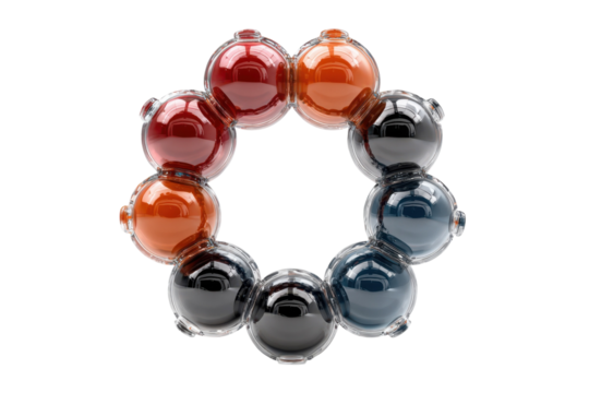 Glass spheres connected in a circle with colorful liquid inside on transparent background