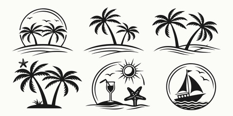 Tropical Beach Scene Silhouettes with Palm Trees and Ocean Elements