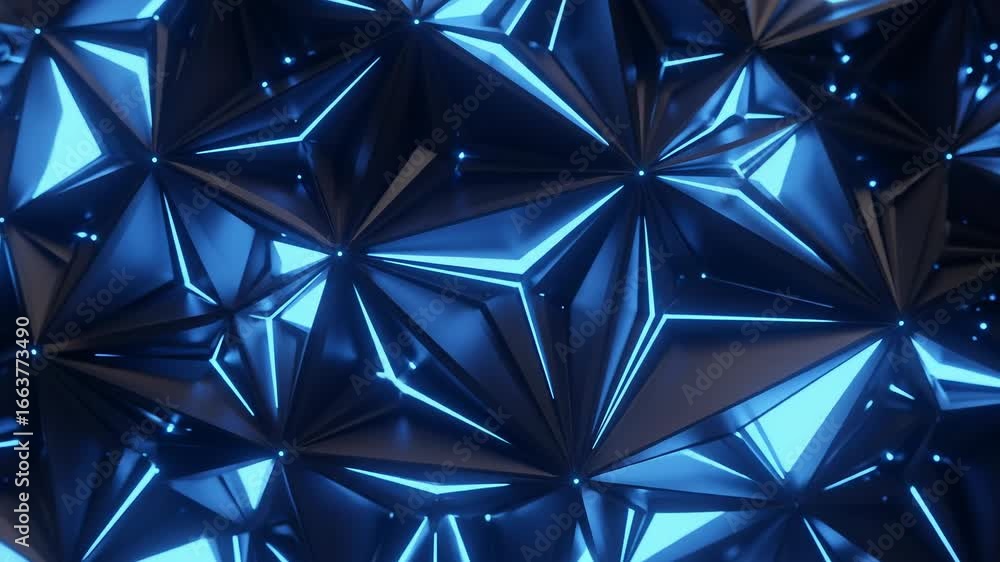 Poster abstract geometric pattern with pulsing blue neon lights in a dark futuristic seamless loop