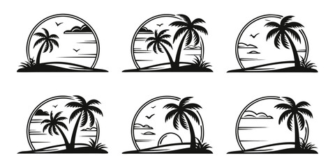 Tropical Beach Sunset Palm Tree Illustrations