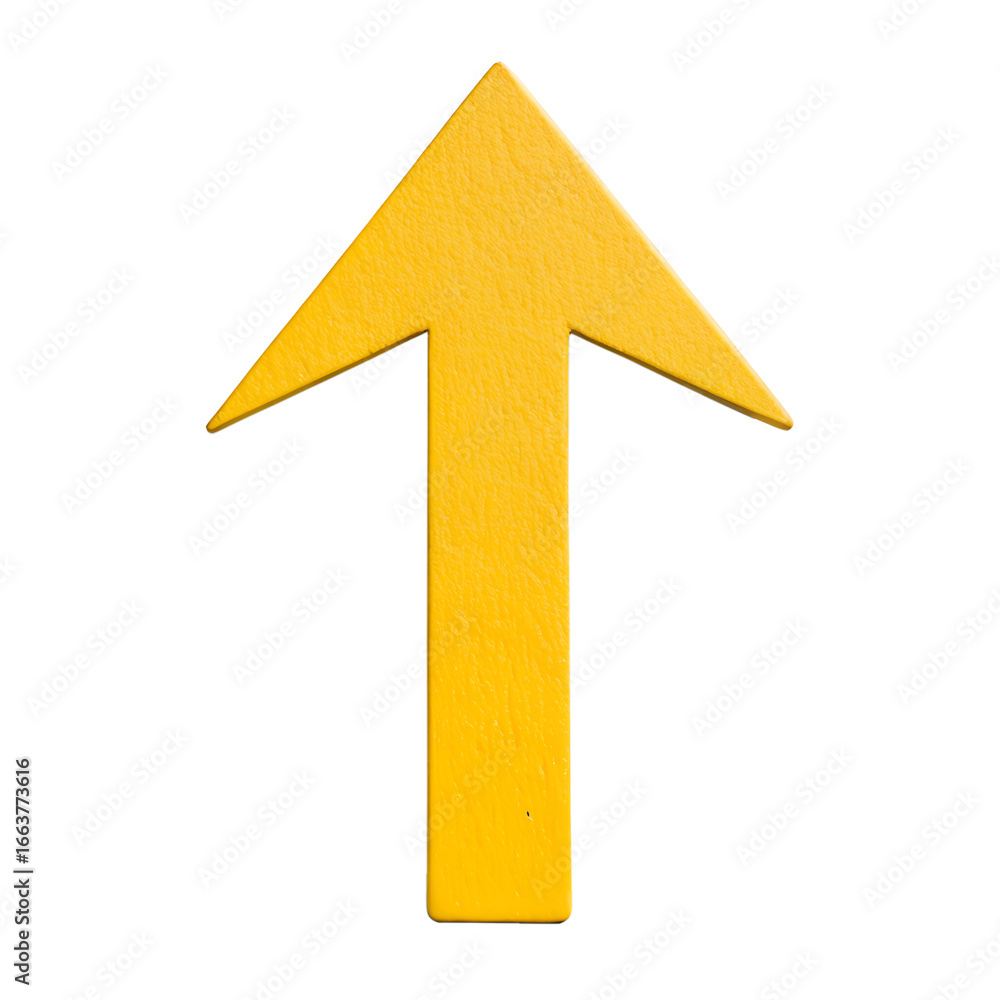 Poster bright yellow arrow pointing upwards on a transparent background indicating direction and progress i