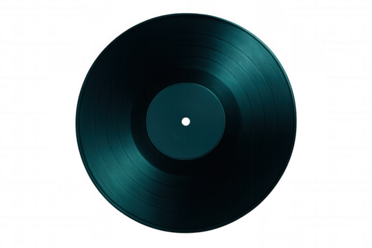 Close-up of a dark turquoise vinyl record isolated on a transparent background, perfect for music-related projects
