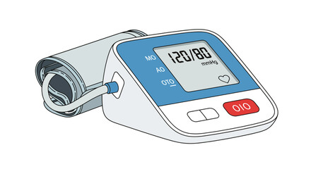 Digital blood pressure monitor displaying a reading of 120 over 80 with attached cuff for health monitoring and medical checkups