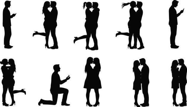 Romantic couple silhouette collection, kissing, hugging, proposing, modern love concept, heart shape cutout, vector illustration, black and white design