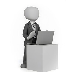 Obraz premium 3D figure in suit standing at a podium with a laptop, gesturing with one hand. Setting suggests a business presentation or conference.