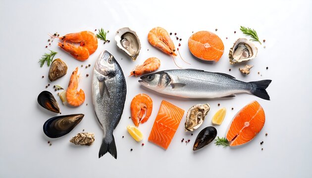 Fresh seafood variety on white background - Powered by Adobe