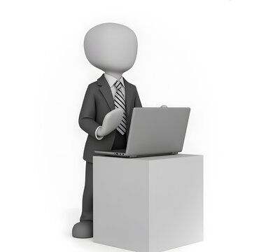 3D figure in suit standing at a podium with a laptop, gesturing with one hand. Setting suggests a business presentation or conference.