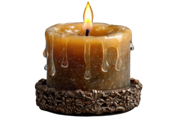 Luminous candle with dripping wax on ornate holder design element on transparent background