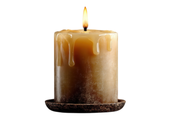 Burning candle with dripping wax on a decorative wooden coaster on transparent background
