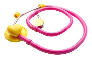 A bright pink and yellow stethoscope with a heartshaped chestpiece, symbolizing childrens health and pediatric care, isolated on a transparent background