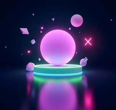 A large glowing pink sphere is centered on a neon-lit platform, surrounded by smaller geometric shapes, creating a futuristic and vibrant atmosphere.
