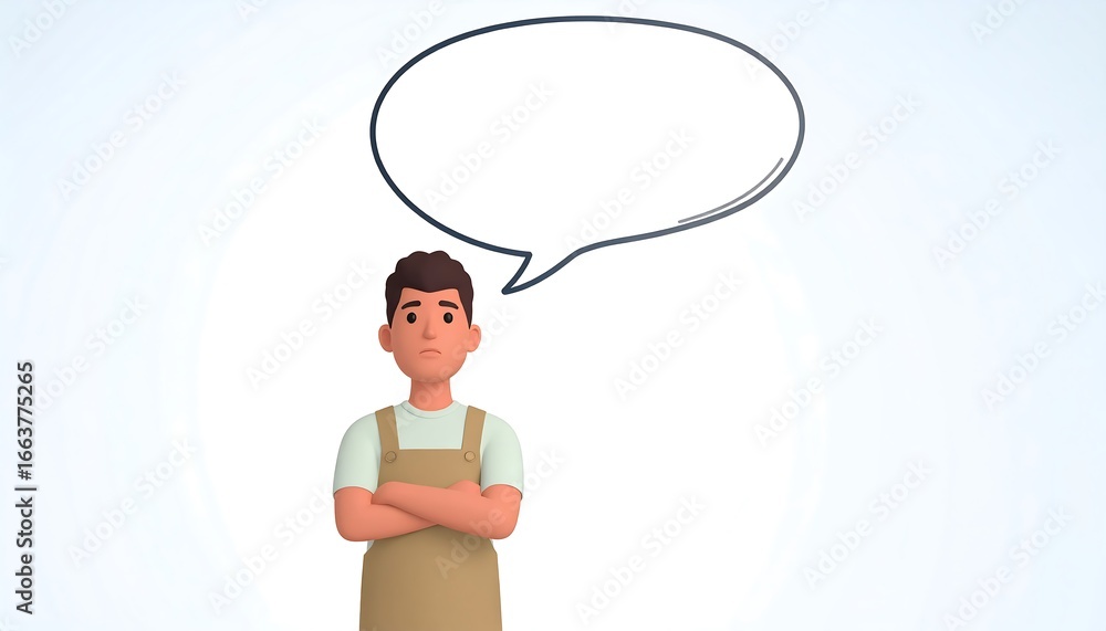 Poster a thoughtful cartoon character with an empty speech bubble stands contemplatively against a light ba