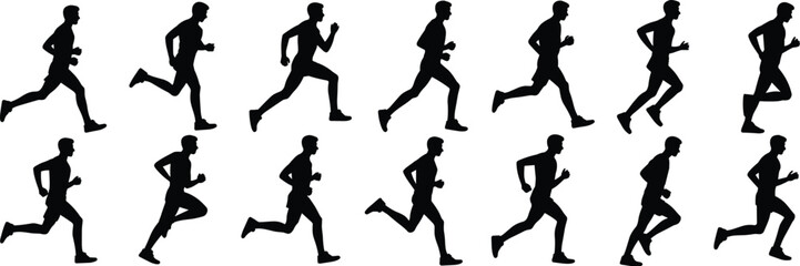 Running man silhouette vector set, jogging poses, athlete sprinting illustrations, fitness workout design, sports motion graphic, black male runner clipart