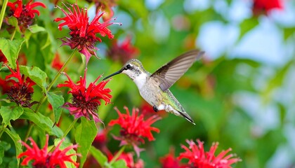 A hummingbird hovers amidst vibrant red flowers, showcasing nature's beauty in a close-up view.