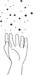 Minimal outline of a hand releasing small stars, bold clean vector design 2