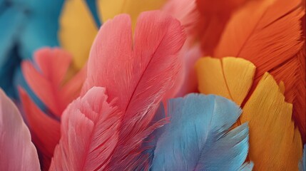 Vibrant multicolored feathers close-up in pink orange blue hues