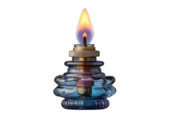 Ntique oil lamp with flame and blue glass detailed design on transparent background