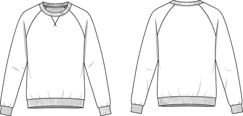 Raglan sleeve sweatshirt crewneck jumper technical flat sketch with front and back views, cad drawing flat vector illustration for apparel design mockup.