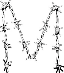 Barbed wire letter M illustration, twisted metal typography design, sharp fence art, black and white security symbol, dangerous wire artwork