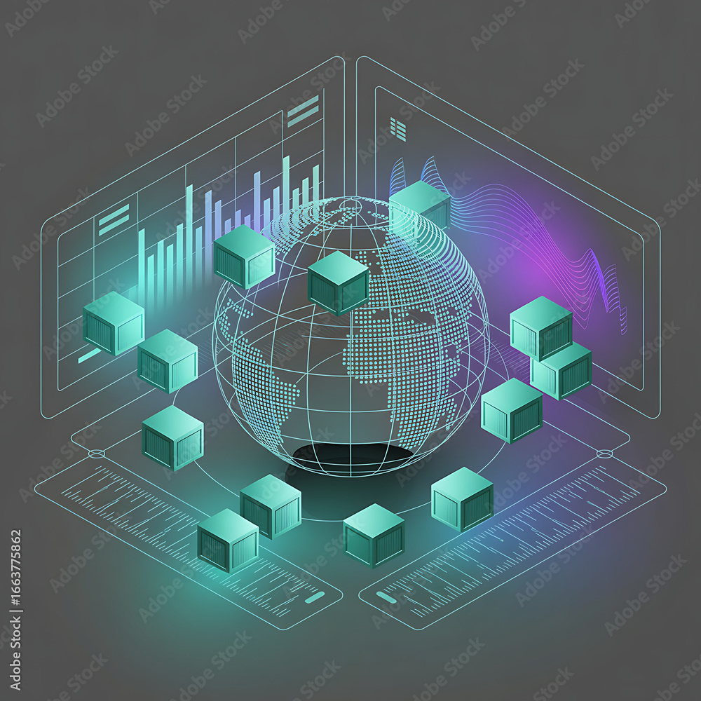 Aufkleber global network data visualization with blockchain cubes and modern technology charts, digital futuri